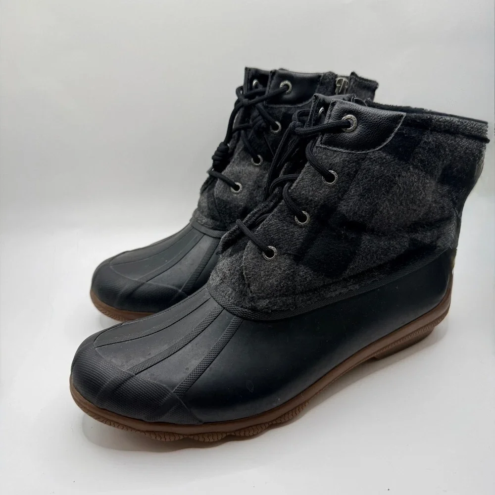Sperry Saltwater Wool Plaid Duck Boots Womens 10 Black Grey Waterproof